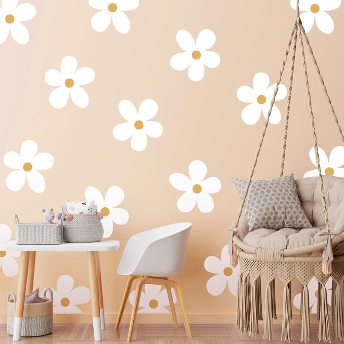 TaoBary 12 Sheet Daisy Wall Sticker Decal,White, Yellow,Charming Style | Big Flower Wall Sticker, Pink White Floral Decal, Daisy Bedroom Room Decor, Removable Peel and Stick, Nursery Home Wall Decor