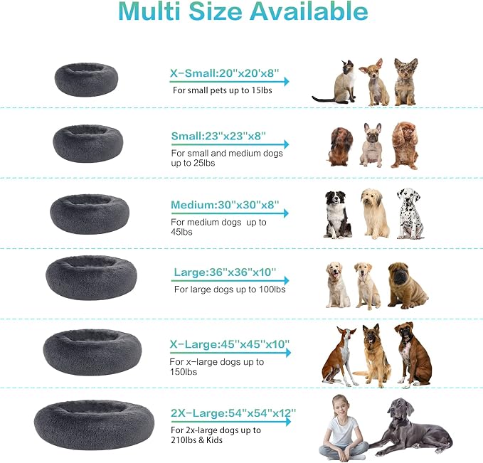 SAVFOX 54 inches Calming Donut Dog Bed - 3X Durable Plush Faux Fur, Machine Washable & Non-Slip, Fits up to 210 lbs, Removable Cover, Dark Grey