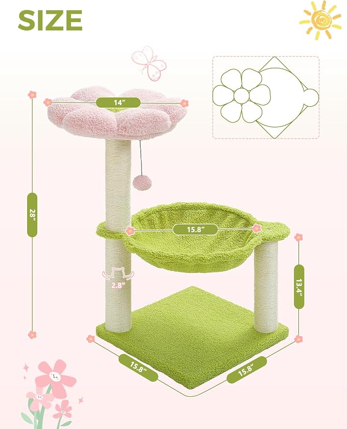 Flower Cat Tree, 28" Cat Tower with Cozy Flower Perch, Large Hammock for Indoor Small Cats, Cute Cat Tree with Sisal Scratching Post and Fur Toy Ball for Kittens, Pink | Plush flower perch, Metal frame hammock, Sisal post, Fluffy toy ball, Thickened st...
