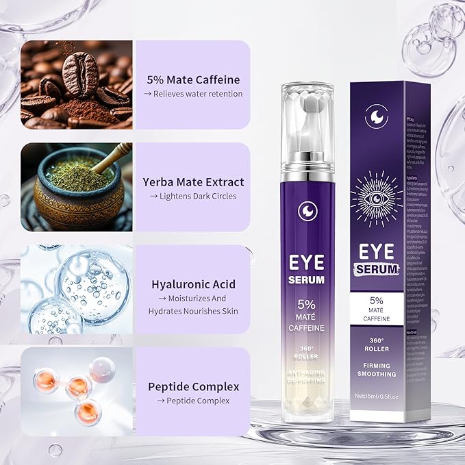 Eye Serum with 5% Mate Caffeine, Under Eye Cream for Puffy Bags Fine Lines Dark Circles Wrinkles, 360° Roller Massage Ball Eyes Treatment Serum Brightens Tired Eyes 5ml 0.5 fl. oz