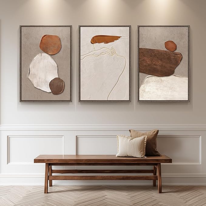 Large Framed Neutral Abstract Wall Art, Set of 3, Beige Brown, 24x36 In | Rustic canvas prints paintings, Wood frame, Minimalist stone pictures, Modern Wall decor for Living Room Hallway Stair Office