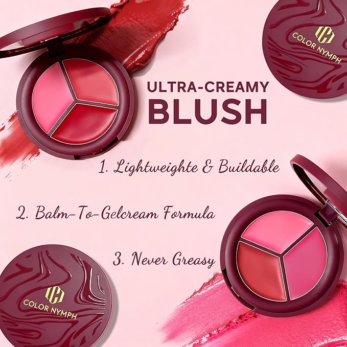 Color Nymph 3 Colors Ultra-Creamy Blush for Cheeks, Multi-Use Cream Blushes Balm Face Makeup, Hydrating, Creamy, Lightweight & Blendable Color, Face Makeup, Vegan & Cruelty-Free （#03）