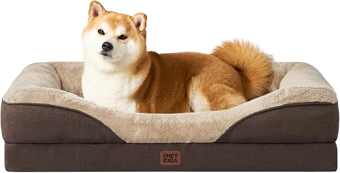 EHEYCIGA Orthopedic Dog Bed for Large Dog, Memory Foam Dog Couch, Brown | 36x27 Inch Large Sized Dog Sofa with Sides, Waterproof Liner & Washable Removable Cover, Bolster Pet Couch