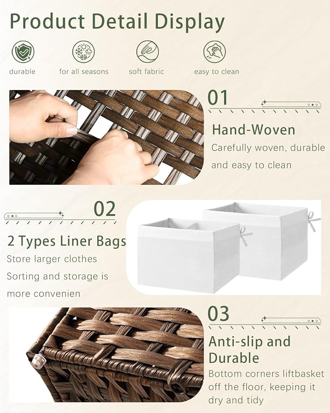 SETVSON Storage Basket with Lid, 2-Lid PE Rattan Storage Bin, Brown | 65L Storage Bin with 2 Separate Lids, 2 Removable Liners with Divider for Clothes & Blankets, Sturdy Frame, Brown
