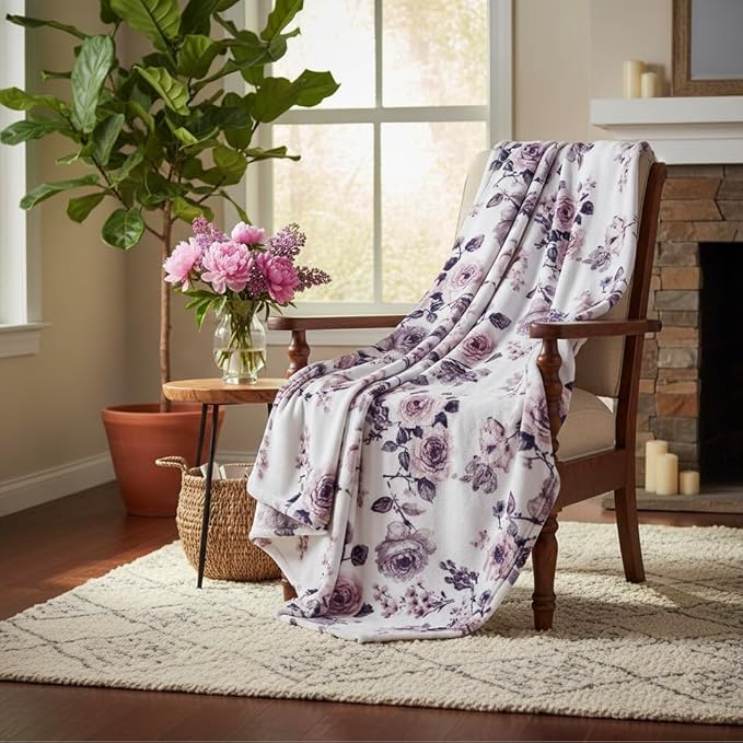 Decorative Floral Fleece Throw Blanket: Velvety Soft Plush Rose Flower Accent for Couch or Bed, Blush Pink Purple Navy Blue Grey on White, Oversized 50" x 70" Inches