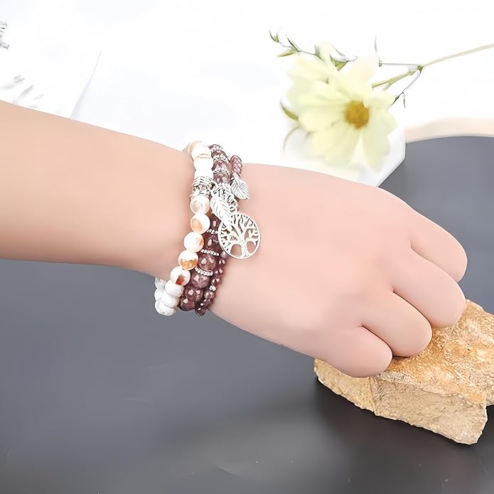 Jardme Healing Crystal Bracelets for Women, 8mm Beaded Natural Stone Stretch Chakra Bracelets Tree of Life Bracelet Jewelry Gifts for Women