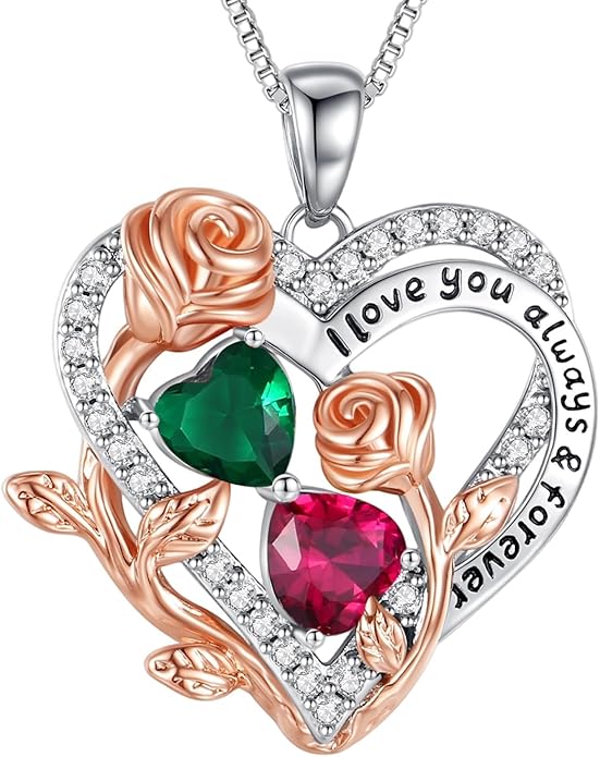 I Love You Birthstone Necklace, 925 Sterling Silver Heart Pendant with CZ Diamond Stones, Birthday Gifts for Women, Romantic Gift for Wife, Girlfriend, Her, Anniversary, Valentine's Day, Christmas