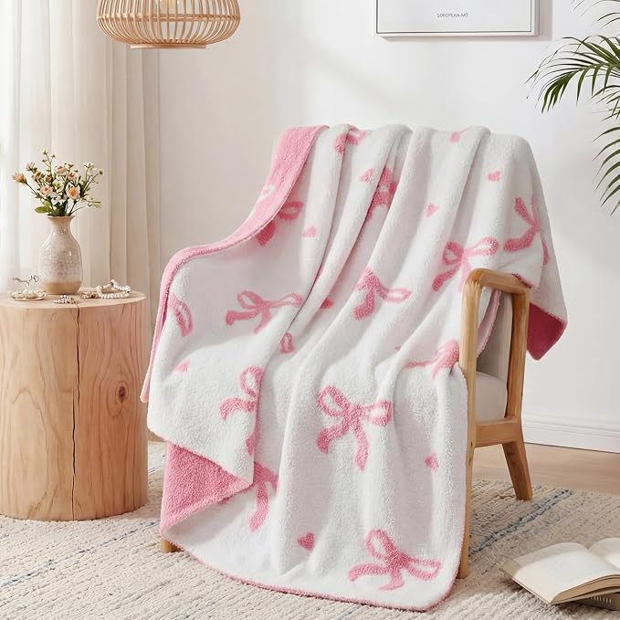 Soft Throw Blanket for Couch-Cozy Reversible Knitted Blankets | Lightweight Warm Fluffy Decor for Women, Mom, Her & Girls, Sofa, Chair, Bed, 50x60in,Bubble Bowknot Pink