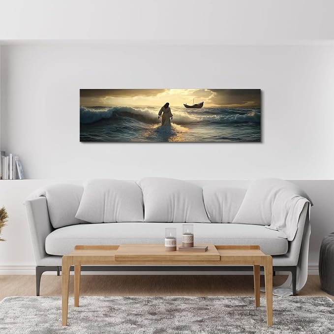 Christian Canvas Wall Art Jesus Walking on Water Wall Decor for Living Room Vintage Christ Picture Bedroom Religion Poster Prints Abstract Sunset Ocean Panoramic Painting Artwork Home Decorations 14x48”