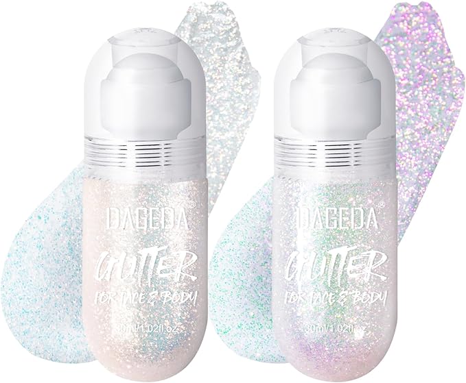 DAGEDA 2Colors Roll-on Body Glitter Gel for Body, Hair, Face, Holographic Glitter Makeup for Rave Accessories, Body Shimmer Hair Glitter Gel for Halloween Makeup(Galaxy Blue+Sparkling Pink)