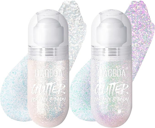 DAGEDA 2Colors Roll-on Body Glitter Gel for Body, Hair, Face, Holographic Glitter Makeup for Rave Accessories, Body Shimmer Hair Glitter Gel for Halloween Makeup(Galaxy Blue+Sparkling Pink)