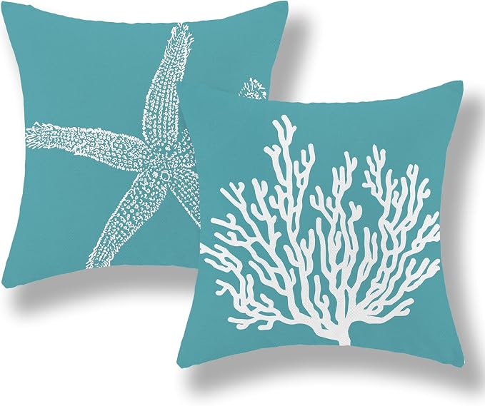 Coastal Pillow Covers 16x16 Set of 2 Aqua Teal Turquoise Coral Starfish Throw Pillows Nautical Ocean Decorations Summer Linen Beach Pillowcase Outdoor Decor Farmhouse Cushion Case for Couch