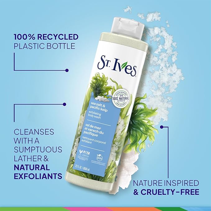 St. Ives Body Wash, Sea Salt & Pacific Kelp Exfoliating Shower Gel 2-Pack, 100% Natural Extracts, Cruelty-Free, 22 Oz Ea