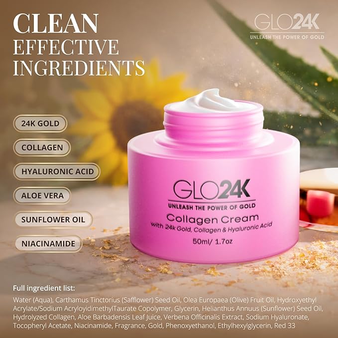 GLO24K Cream with 24k Gold, Retinol, Vitamins, and Hyaluronic Acid. Optimally Hydrate your Skin while you sleep. (Cherry Collagen Cream) (2 Pack)