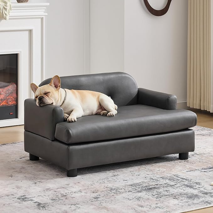 Luxury Dog Sofa Bed Elevated Pet Couch with Durable Waterproof Leather | Dog Couch with Orthopedic Sponge, Modern Furniture Style Dog Lounge & Pet Bedside Step, for Small/Medium Dogs/Cats, Gray