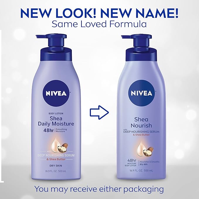 NIVEA Shea Nourish Body Lotion for Dry Skin with Hyaluronic Acid, Shea Butter and Deep Nourishing Serum, 48-Hour Body Moisturizer, 16.9 Fl Oz Pump Bottle (Pack of 2)
