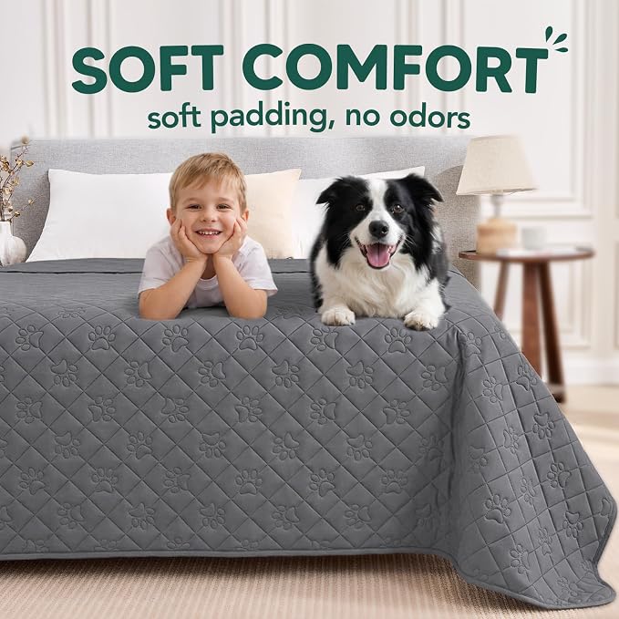 PAWFINITY Waterproof Bed Cover for Dogs, Pet Blanket for Mattress Washable | Paw Print Quilted, Hair Resistant, Anti Cat Scratch, Pee Proof Furniture Protector for Cal King Bed, 82x102 Inch, Grey