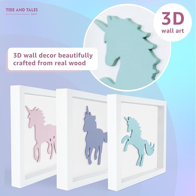Tide and Tales Unicorn Wall Decor (Set of 3) 3D Framed Unicorn Bedroom Decor for Girls, Pastel Girls Room Decorations, White Wood Nursery Decorations Wall Art, Gift-Boxed