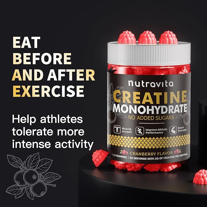 Nutravita Creatine Monohydrate Gummies for Men & Women-5g of Creatine Monohydrate per Serving - Sugar Free,Vegan, Cranberry Flavor, 120 Count