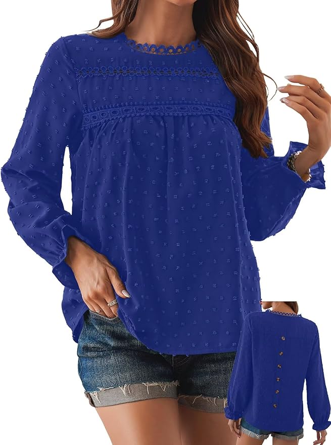 Womens Boho Tops Long Sleeve Shirts For Women Cute Crewneck Blouse Dressy Casual Swiss Dot Crochet Hollow Top 2026