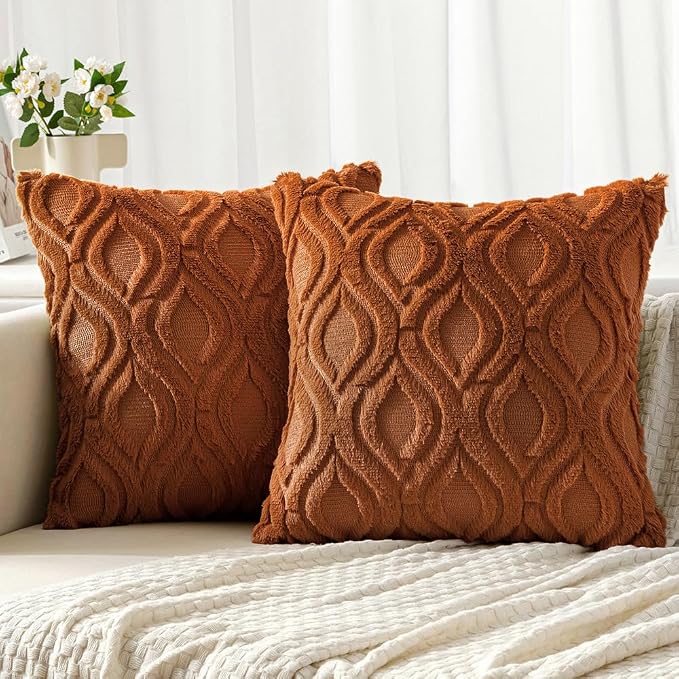 MIULEE Burnt Orange Fall Soft Plush Faux Wool Throw Pillow Covers 20x20 | Set of 2, Farmhouse Boho Home Decor, Decorative Cushion Covers for Sofa, Living Room, Bed