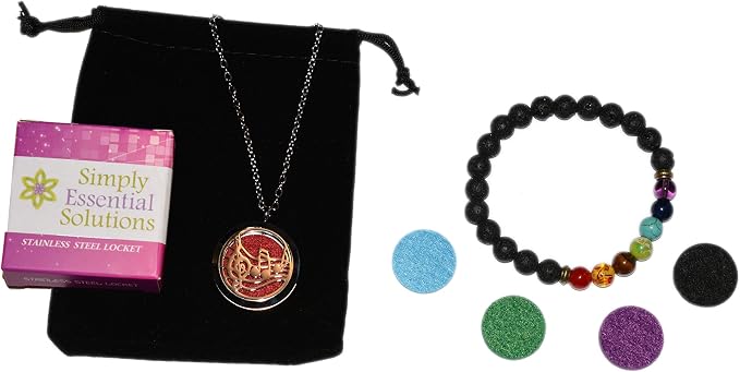 Aromatherapy Essential Oil Diffuser Stainless Steel 30MM Silver Magnetic Locket Pendant with Chain Necklace and Colored Refill Pads & Diffuser Bracelet All in a Velvet Bag (Music)