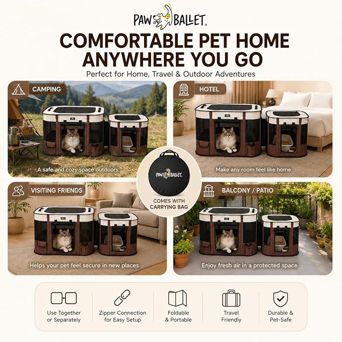 Paw Ballet 2-in-1 Dual-Zone Pet Playpen for Cats & Small Dogs, Portable Indoor Outdoor Pet Enclosure with Connected Rest & Feeding Areas, Foldable Pet Tent with Carrying Bag
