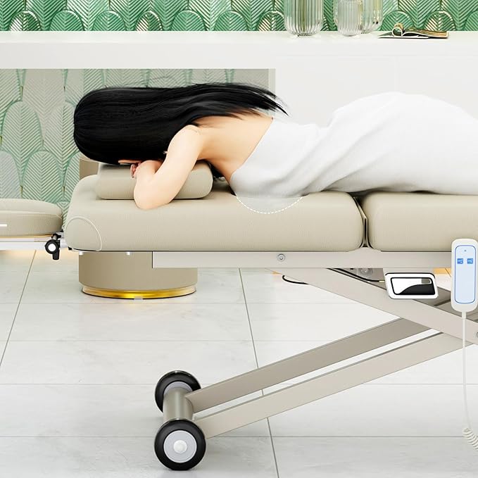 pouseayar Heavy Duty Electric Massage Table, Electric Lift Motor and Manual Backrest Adjustable for Treatment/Medical Spa/Facial Bed/Beauty Bed and More - 31.5 Wide x 75 Long - Beige Gray