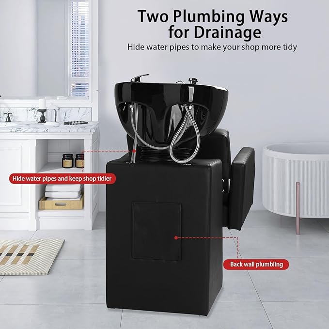 Winado Salon Shampoo Backwash Chair, Hair Wash Stations with Large Ceramic Bowl, Adjustable Shampoo Bowl Sink Chair for Barbershop Beauty Spa Massage Hairdressing Equipment