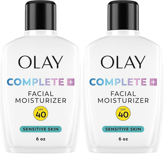 Olay Complete+ Face Moisturizer with Sunscreen SPF 40, For Sensitive Skin,Broad Spectrum Sun Protection,Fragrence-Free-No White Cast on All Tones,Nourishes Moisture Barrier-Ceramides,6 Oz(Pack of 2)