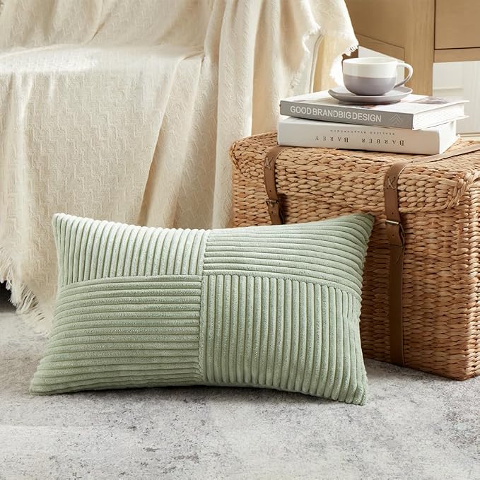 Fancy Homi 2 Packs Sage Green Lumbar Decorative Throw Pillow Covers 14x22 Inch for Living Room Couch Bed, Rustic Farmhouse Boho Home Decor, Soft Striped Corduroy Rectangle Accent Cushion Case 35x55 cm