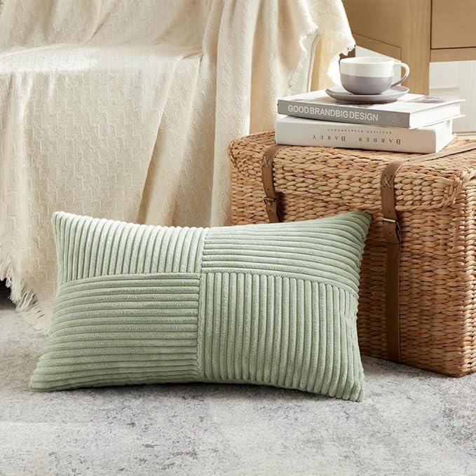 Fancy Homi Sage Green Lumbar Decorative Throw Pillow Covers 20x28 Inch for Living Room Couch Bed, Rustic Farmhouse Boho Home Decor, Soft Striped Corduroy Rectangle Accent Cushion Case 50x70 cm