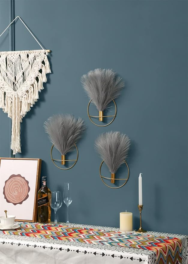 Pretty Jolly Boho Pampas Wall Decor Black Metal Wall-Mounted Art | Morden Artificial Greenery Display，2 Pack Gray Hanging Planter For Living Room, Bedroom, Bathroom, Dining room