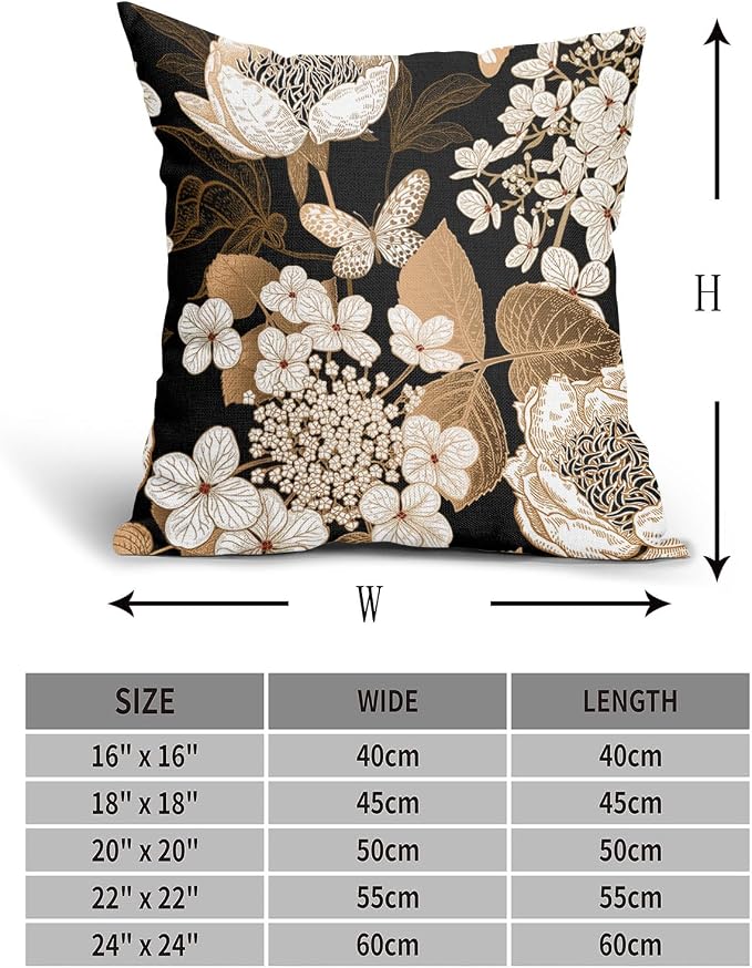Vintage Floral Pillow Covers 20X20 Inch Set of 2 White Flowers Gold Leaves Botanical Decorative Pillow Cases Rustic Leaf Black Cotton Linen Cushion Case Farmhouse Home Decor for Sofa Couch