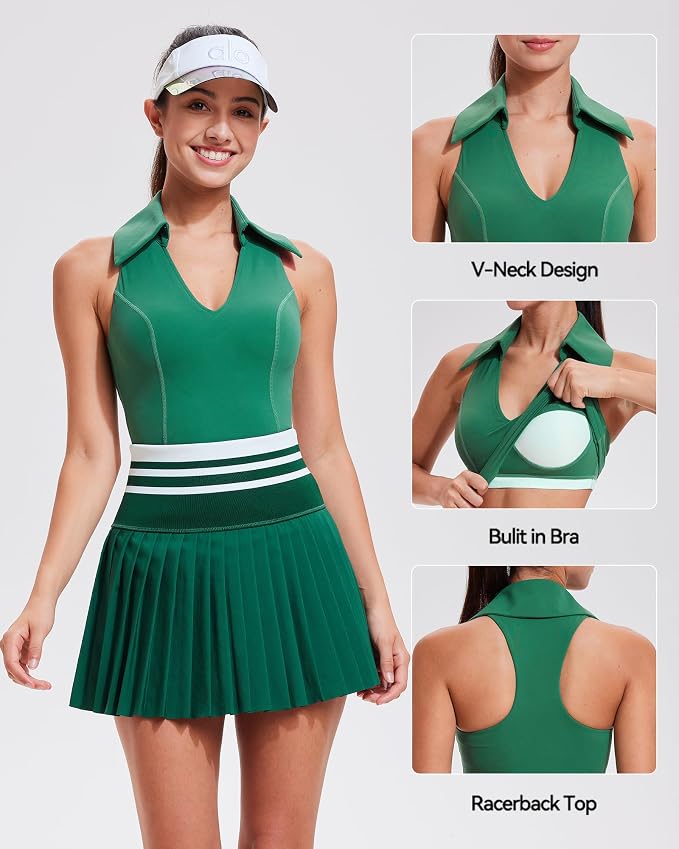 Women 2 Piece Tennis Skirt Set Polo Golf Outfits Racerback Tank Top Pleated Skort with Pockets Summer Workout Athletic Dress