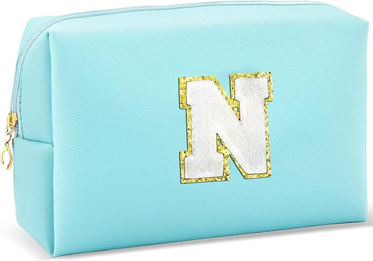 URSKYTOUS Gifts for Girls Initial Makeup Bag Personalized Cosmetic Bag with Zipper Cute Travel Toiletry Bag Waterproof PU Preppy Makeup Pouch Birthday Gift for Teen Girls Women(Blue N)