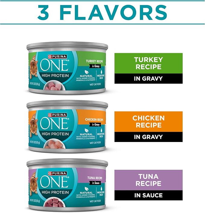 Purina ONE Natural,High Protein Cat Food Variety Pack,Turkey,Chicken and Tuna Recipes - 3 oz. Cans,(Pack of 48)