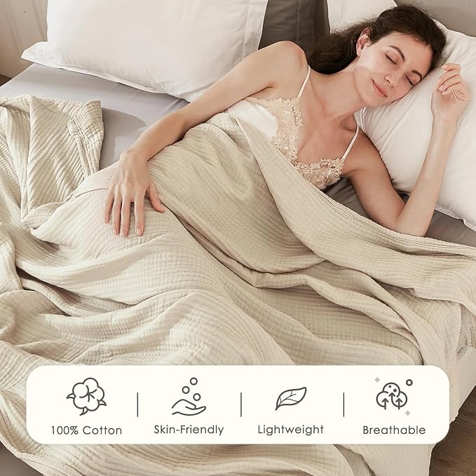 EMME Muslin Blankets for Adults Throw Blanket for Couch Breathable Gauze Soft Lightweight Airy Beige Throw XL 50" x 71"
