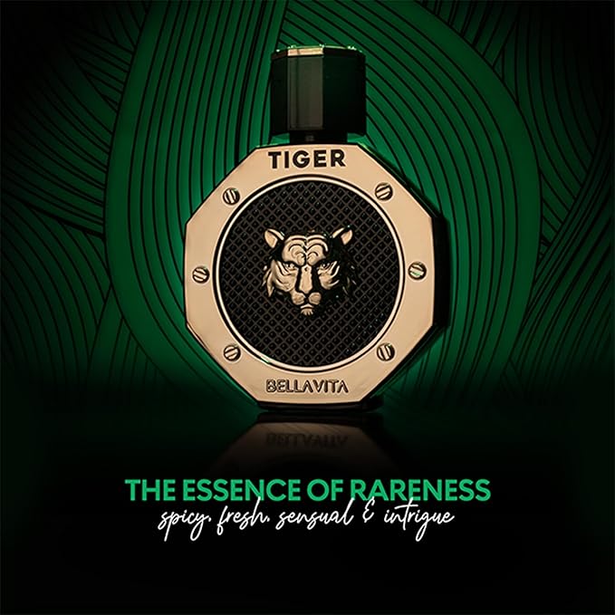 BellaVita Luxury TIGER Perfume for Men (3.38 Fl.oz) | Amber OUD, Patchouli, Bergamot, Lavender & Agarwood | Premium Lasting Men's Fragrances | Eau de Parfum gift for Men | Woody & Smooth Mens Purfume