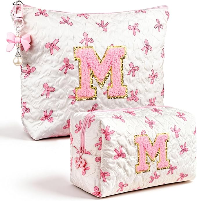 Initial Makeup Bag, Valentines Day Gifts for Women Teens Girls Birthday Gift Personalized Bow Cosmetic Bag, Quilted Cosmetic Travel Toiletry Pouch, Cute Makeup Organizer Teen Girl Gifts Trendy Stuff M