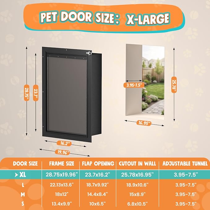 XL Dog Door for Wall, 2-Flap Aluminum Doggy Door, Pets Up to 220 LB | Magnetic Seal, Energy Efficient, Wide Telescoping Tunnel for Walls, Durable Rust Resistant, Closing Panel, Safety Locks