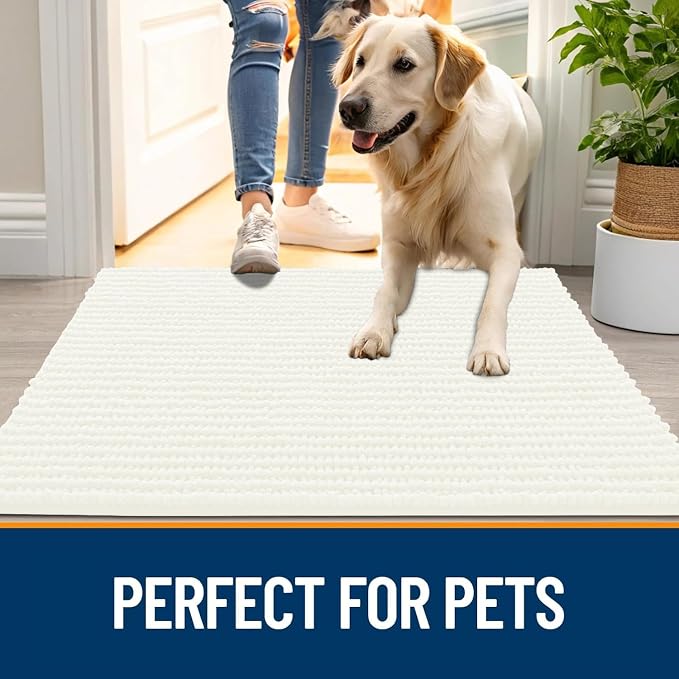 OLANLY Dog Door Mat for Muddy Paws 47x17, Extra Absorbent Chenille Mud Mat | Ivory, Absorbs Moisture and Dirt, Non-Slip Machine Washable Doormat, Quick-Drying Indoor Entryway Floor Mat for Dogs