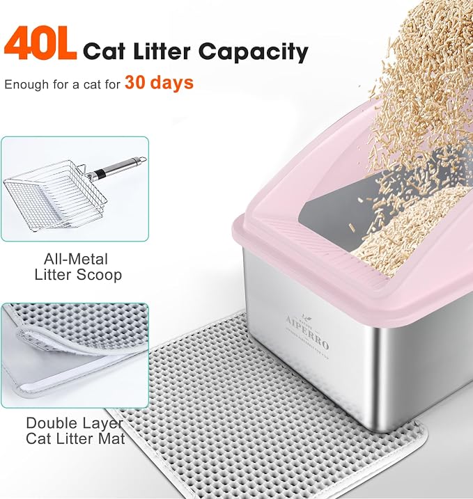 AIPERRO Stainless Steel Litter Box | XXL Deepened 8" Design Metal Cat Box | High Sided with Lid for Big Cats | Anti-Urine Leakage | Non-Stick Bottom & Easy to Clean | Includes Litter Mat & Metal Scoop