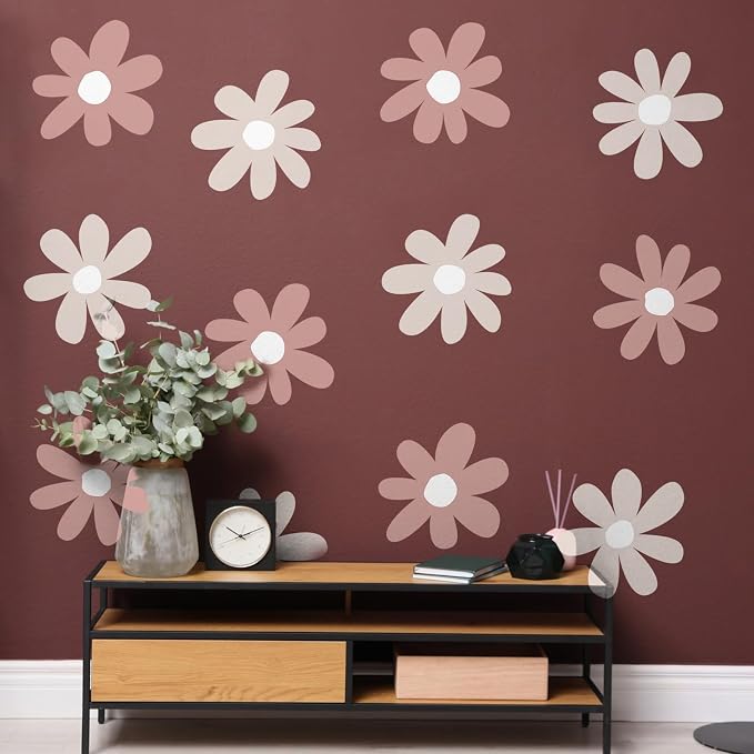 TaoBary 12 Sheet Daisy Wall Sticker Decal,Grey Color,Simple Style | Big Flower Wall Sticker, Pink White Floral Decal, Daisy Bedroom Room Decor, Removable Peel and Stick, Nursery Home Wall Decor