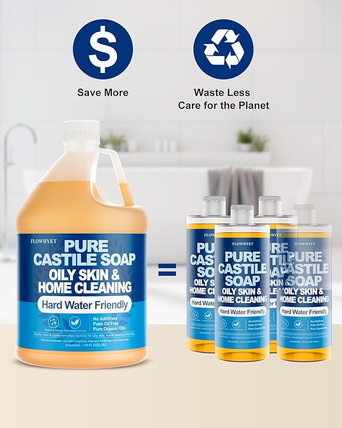 Pure Castile Soap Liquid Unscented 1 Gallon(128 fl oz) Refill, EWG Verified Organic Body Wash Bath Soap Castile Liquid,Hard Water Oily Skin Friendly for Body, Face, Hand,Home Cleaner