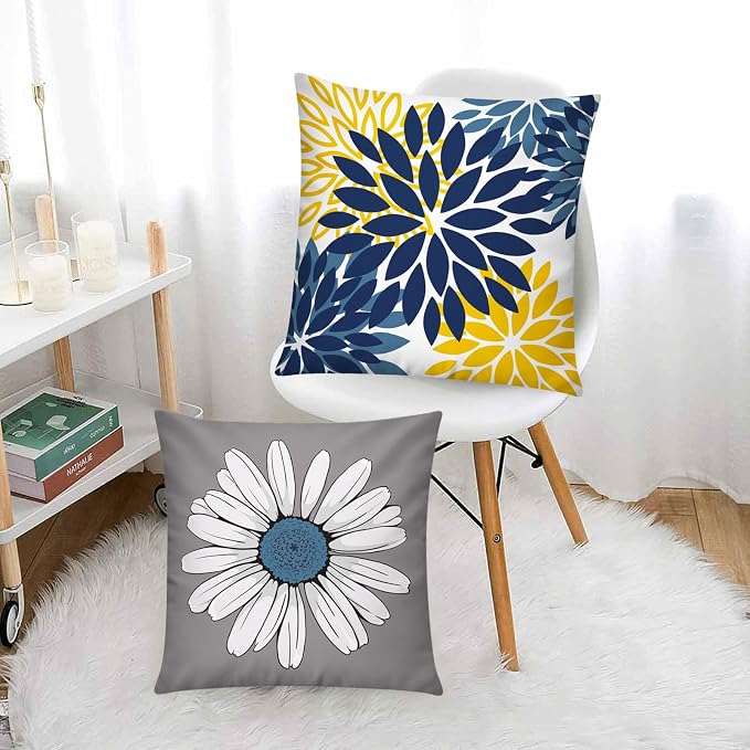 Navy Yellow Linen Throw Pillow Covers 18x18 Set of 6, Daisy Floral Decor | decorative daisy dahlia, Botanical floral, Standard Throw Pillow Size, Breathable Linen, Spring Couch Sofa Living Room