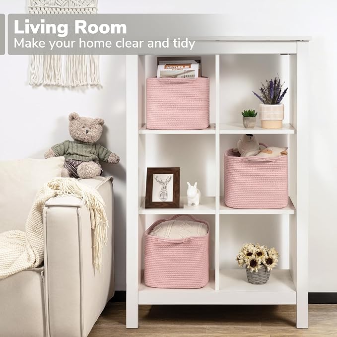 Goodpick Woven Storage Basket for Shelves, 13" x 10" x 9", Pink | Stylish Gift Basket for Home Decor, Cotton Rope Baskets for Toys & Baby Essentials Storage, Nursery Closet Organization