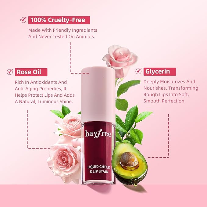 bayfree Liquid Cheek & Lip Stain, Korean Lip Tint with Moisturizing & Weightless, Non-Sticky, Long-Lasting, Kiss-proof, All Long-wearing, Vegan Makeup (Rose Cherry)