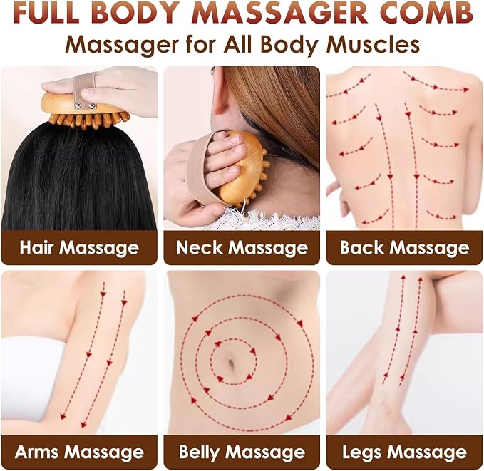 Wooden Massage Comb, Body Scalp Trigger Point Massage Tool, Meridians Massager, Gua Sha Massager Comb for Body Relief & Hair Growth