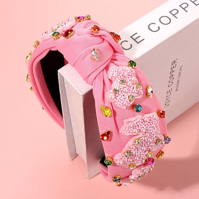 mokkia Easter Headbands Beaded Rabbit Bunny Headband for Women Pink Spring Knotted Headband Easter Hair Accessories Gifts